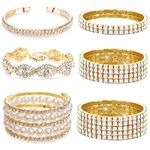 EIELO 6 Pcs Rhinestone Stretch Bracelet for Women Sparkly Clear Crystal Wedding Bridal Bridesmaid Stretch Bracelet Jewelry Stackable Elastic Pearl Multilayer Strand Link Tennis Bracelets Set Gold