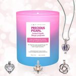 Precious Pearl By My Inspirations Charmed Aroma Candle Scented, Soy Candles With Jewelry Inside, Aromatherapy, Comes with A Surprise Pearl Necklace Hidden, Mother's Day, Birthdays, Bridal Shower, 150G/5.3OZ, Fruity Orange Peach Scent (Pink Champagne)