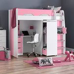 High Sleeper Storage Bed, Happy Beds Pegasus Wood Modern Desk Wardrobe Drawers Cupboards Loft Bunk (3FT - Frame Only, Pink and White)