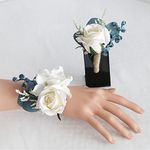 Fouriding Wedding Wrist Corsage Set Boutonniere Creamy Blue Set Artificial Wedding Flower Suit Decor for Groom Bride Banquet Party Decor