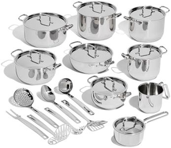 Lagostina Sfiziosa, 24 pc Cookware Set, Stainless Steel Pots and Pans, 3 stockpots, 3 stew pots, 1 Saute pan, 1 Saucepan, 1 Milk Pot, Eight lids, Seven Utensils, Induction Safe, Oven Safe 400°F