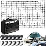 Cargo Net, 4x6Ft Adjustable Elastic Storage Organizer Net Stretches to 8x12Ft with 16 Carabiners +16 ABS Hooks, Small 4"x4" Mesh, Latex Bungee Cords for Pickup Truck Bed and SUV Rooftop Travel Luggage Rack