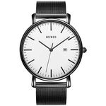 BUREI Men's Fashion Minimalist Wrist Watch Analog Date with Stainless Steel Mesh Band (White Black)