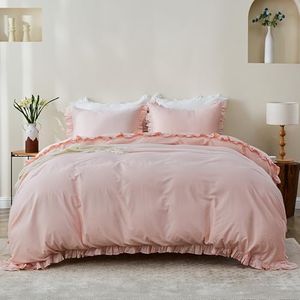 Simple&Opulence Kids 100% Organic Cotton Duvet Cover Ruffle- 3 Pcs (1 Comforter Cover 2 Pillowcases) Lace Shabby Chic High End Boho Floral Frill Bedding Set(Peach Pink,Full)