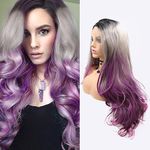 AFBeauty 26 Inch Purple Lace Front Wigs for Women Cosplay Glueless Wig Long Wavy Syntehtic Lace Front Wig Ombre Black Grey Purple Curly Wig Pre Plucked with Baby Hair Heat Resistant Fiber Hair Wigs