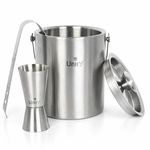 Unify 3 Pieces Stainless Steel Double Wall Ice Bucket Set (1 Litre) with Lid, Ice Tongs & 30/60 ml Peg Measurer | Insulated Ice Bucket for Home Bar, Parties & Cocktails, Bar Accessories