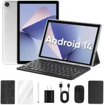 10 inch Android 14 Tablet, 6GB+64GB 1TB Expand, 2 in 1 Tablets with Keyboard, Case, Mouse, Stylus, 1280x800 IPS Touch Screen, 2.0GHz Quad-Core, WiFi 6, Bluetooth5.0, Dual Camera (Silver)