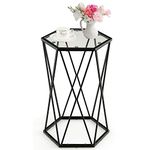 COSTWAY Hexagonal Coffee Table, Metal Frame Small Sofa End Side Table with Tempered Glass Top, Modern Narrow Nightstand Accent Snack Tea Table for Living Room, Bedroom and Balcony (40 x 35 x 61cm)