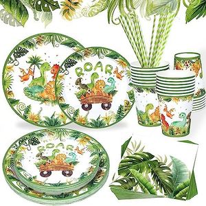 Yuanbigtai 120 Pieces Dinosaur Birthday Party Supplies,Dinosaur Dinnerware Set,24 Serves Dino Disposable Tableware Set with Plates,Cups,Napkins,and Cutlery Sets for Dinosaur Themes Party