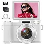 Digital Camera 4K 48MP Vlogging Camera for YouTube 16X Digital Zoom with Macro Function &Liftable Flash, Compact Camera for Photography 3’’ 180°Flip Screen, 32GB TF Card, 2 Batteries (White)