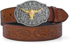 LEACOOLKEY Western Cowboy Leather Belt for Men Longhorn Bull Buckle Belt 1.5" Wide Floral Engraved Embossed Leather Belt,Brown,Fit Size 44"-49"