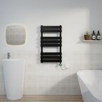 Warmehaus 800x450mm Black Designer Flat Panel Electric Heated Towel Rail Thermostatic Timer Bathroom Towel Radiator 400W