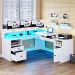 YITAHOME L Shaped Desk with Power Outlets & LED Lights, 60" Corner Computer Desk with Drawers & Lift Top, Home Office Desk with Monitor Stand & File Cabinet, Wood Height Adjustable Desk, White