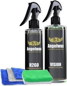 Angelwax Car Windshield Cleaner Bundle - Vision-Streak Free Glass Cleaner, H2GO-Rain Repelling Hydrophobic Dressing, Terry Applicator, & 3 Microfiber Glass Towels - Mirror and Screen Safe (Pack of 6)