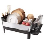 romision Dish Drainer Rack with Drip Tray, 304 Stainless Steel Large Dish Drying Rack for Kitchen Sink of Big Family, Plate Draining Board Rack with Utensil Holder and Heightening Pads