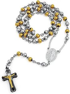 Religious Christian Two Tone Holy Mother Virgin Mary Rosary Prayer Round Ball Beaded Link Chain for Men Jesus Crucifix Gold Plated Silver Tone Stainless Steel