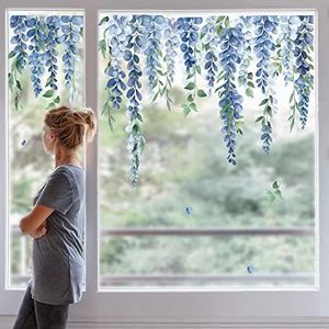 decalmile Summer Blue Flower Double Sided Window Clings Hanging Vine Floral Leaf Window Decals Anti-Collision Glass Doors Window Stickers (DM0951B)