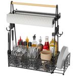 EKNITEY Outdoor Grill Caddy Organizer: Camping Kitchen Accessories Rack With Paper Towel - Utensil Condiment Storage For Patio Camper BBQ Party RV (Wood Organizer)