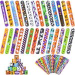 RICEDUO Halloween Slap Bracelet for Kids - 48 Pieces, 24 Colorful Styles, Bulk Halloween Slap Wristbands for Kids Party Favors, Toys Prizes & Goodie Bags Fillers