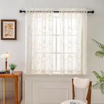 VISIONTEX Sheer Curtains 54 inch Length 2 Panels Set, White Voile Crushed Cream Vine Leaves Embroidery, Rod Pocket Embroidered Window Drapes for Living Room and Bedroom, 54" x 54"