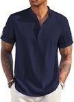 COOFANDY Men's Casual Henley Shirt Short Sleeve Band Collar Linen Shirt Summer Beach Hippie T-Shirts Navy Blue