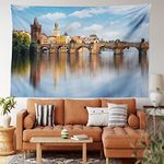 Ambesonne Wanderlust Tapestry, Charles Bridge in Prague Czech Republic Reflection on River Towers, Wide Wall Hanging for Bedroom Living Room Dorm, 80" X 60", Pale Blue Sand Brown