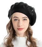 ZLYC Womens French Beret hat, Reversible Solid Color Cashmere Mosaic Warm Beret Cap for Girls (Flower Black),One Size