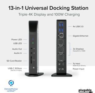 Plugable 4K USB-C Triple Monitor Docking Station – 100W Power, 3 HDMI/3 DP