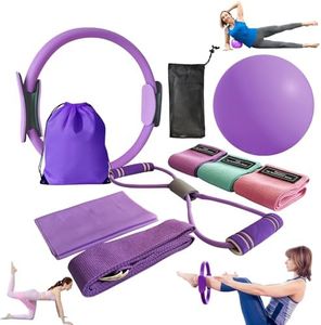 Pilates Essentials Kit for Women, Toning Fitness Starter Set for Home Workouts with Pilates Ring and Yoga Ball Set, 5 Resistance Bands, Massager Roller, Anti Slip Socks, Pilates Bands (Purple -10 Pcs)