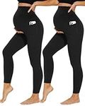 DDOBB 2 Pack Maternity Leggings Over Bump with Pockets High Waist Black Soft Belly Support Stretchy Pregnancy Pants Yoga Workout Pajama Trousers