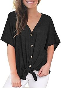 MIHOLL Women's Casual Tops Short Sleeve V Neck Button Down Loose Blouse Shirts (XX-Large, Black)