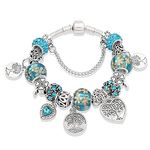 Young & Forever Gift Charismatic Charms Bracelets for Women Fashion Light Blue Silver Plated Love Heart Cubic Zirconia Tree of Life Murano Beads Charm Bracelet for Girls