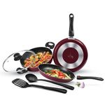 Milton Pro Cook Kitchen Pride Nonstick Cookware Set of 5 Includes Non Stick Tawa 25cm, Fry Pan 24cm/1.6 litres, Kadhai with Glass Lid 24cm/2.5 litres, Nylon Laddle & Spatula, Non-Induction Base, Peach