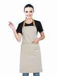 Kitchen Bib Apron with Pockets, Women Men Adjustable Neck Strap Water Resistant Apron for Chef Artist Waiter (Khaki)