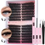 EYDEVRO Fluffy Lash Clusters Kit 80D100D Volume Lash Extension Kit 280 Pcs Left/Right Eyelash Extensions kit D Curl Thick Lash Clusters with Waterproof Lash Bond and Seal and Lash Tweezers