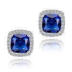 YOMELA Cubic Zirconia Earrings, Stud Earrings for Women Hypoallergenic White Gold Small Dainty Sapphire Blue Square Halo CZ Birthstone Earrings for Women