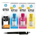 HP GT53 Black & GT52 C/M/Y Ink Bottle (Set of 4) with 3in1 Multi-Function Mobile Phone Stand, Stylus Pen, Anti-Metal Texture Rotating Ballpoint Pen (Very Colors)