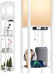 OUTON Floor Lamp with Shelves, LED Modern Shelf Floor Lamp with USB Port & Power Outlet, 3 Color Temperature, Storage Display Wood Column Standing Tall Lamp for Living Room, Bedroom, Office (White)