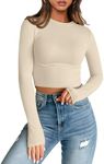 Trendy Queen Womens Long Sleeve Crop Tops Basic Slim Fitted Shirts Casual Fashion 2024 Going Out Y2k Tops Teen Girl Clothes Apricot L