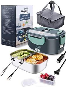 Buddew Electric Lunch Box 80W Food Heater for Adults, 12/24/110V Portable Lunch Warmer Upgraded Heated Lunch Box for Car/Truck/Office with SS Fork&Spoon and Insulated Carry Bag (Green)