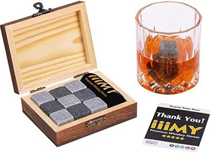 iiiMY Whisky Stones Gift Set of 9 Natural Soapstone and Granite Chilling Rocks with Stylish Wooden Box and Free Velvet Pouch