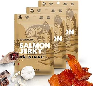 Kaimana Jerky Wild Caught Salmon Jerky - Organic Gourmet Smoked Dried Fish Strips Rich in Omega-3 & Protein - Low-Calorie Seafood Snack with No Gluten, Less Sodium & Sugar - Original Flavor - 3/2oz Pack