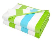 COTTON CRAFT Oversized XL Beach Towel 35 x 70-2 Pack - 100% Cotton Velour - Big & Huge - Pool Picnic Bath - Double Woven Jacquard Thick Plush Super Soft Luxury - 630 GSM - Cabana Stripe Aqua Lime