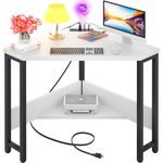 Cyclysio Small Corner Desk with Charging Station, Corner Computer Desk for Small Space, Triangle Corner Desk with Storage for Bedroom, Home Office, Workstation, Living Room, White