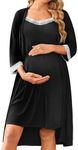 Ekouaer Women Lace Maternity Nursing Gown and 3/4 Sleeve Robe Set Double Layer Breastfeeding Nightgown Slip Dress & Bathrobe Black XXL