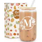 Gifts for Women, Birthday Gifts for Women, Personalised Gifts, 16oz Initial Glass Cup with Lids Straws, Monogrammed Gifts, Personalised Custom Cute Gifts for Women, Mom, Teachers, Friends, Initial M