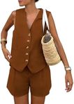 PRETTYGARDEN Women's Summer 2 Piece Outfits Sleeveless Matching Sets Button Down V Neck Vest Waistcoat and Pockets Shorts (Brown,XX-Large)