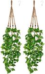 Mkono 2 Packs Fake Hanging Plant with Pot, Artificial Plants for Home Decor Indoor Macrame Plant Hanger with Faux Vine Hanging Planter Greenery for Bedroom Bathroom Office Decor, Brown (Pothos)