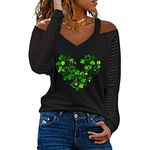 luoluoluo Women's ST. Patrick's Day T-Shirt Casual Cold Shoulder Shirt V Neck Long Sleeve Blouse Tops Ireland Irish Clover Shamrock Shirts Sexy Shirt Loose Sweatshirts Summer Tops Valentine's Day