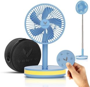 VENTY Portable Fan - Wireless Battery Operated With 4 Speeds, LED Lighting, Carry Case & Remote Control - Travel Rechargeable Fan & Power Bank With USB & USB-C Ports (Blue)